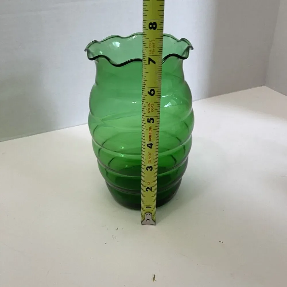 Vintage Forest Green Vase Depression Glass Bed Hive Ruffled Top 7”